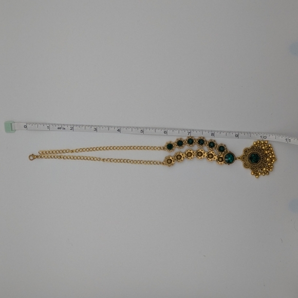 Gold Necklace Drop Earrings Set Green Gemstone Bollywood Wedding Bridal - Picture 10 of 10